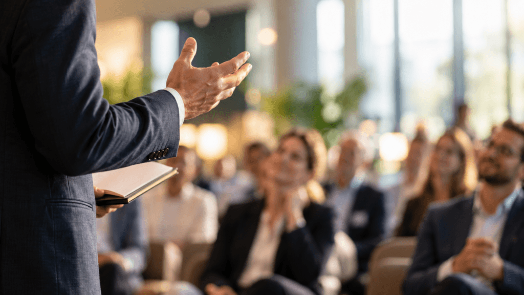 Speaker addressing an audience at a company kick-off event