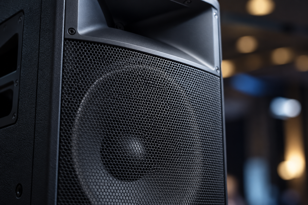 Gros plan d'une enceinte de sonorisation professionnelle utilisée pour une conférence.